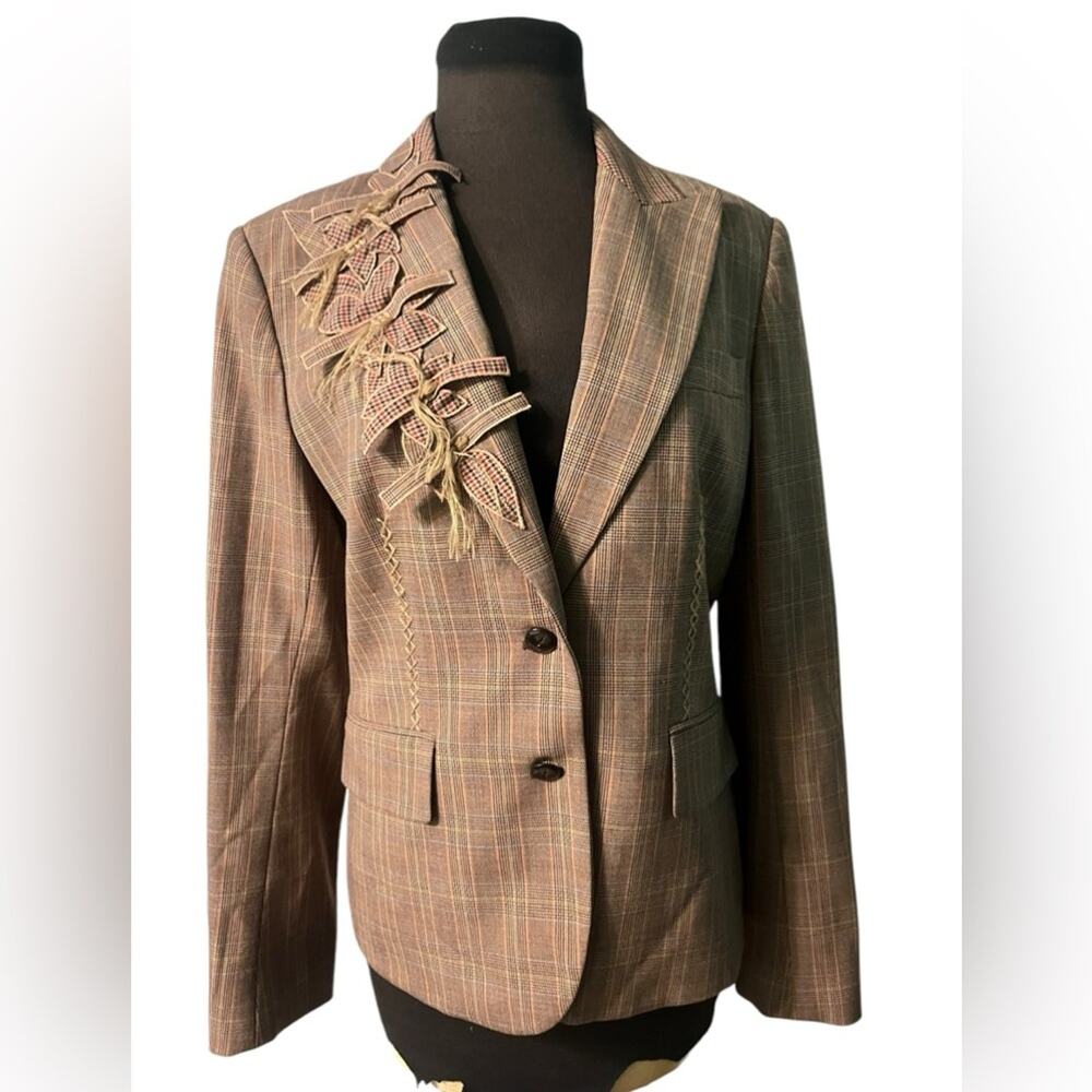 Y2K Carlisle Plaid Twee Preppy 3D Floral Contrast Collar Feminine Blazer Size 6